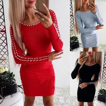 

BGW Ever Pretty Round Neck Long Sleeve Red Cocktail Dress With Pearls Above Knee For Cocktail Party Plus Size Short Women Dress