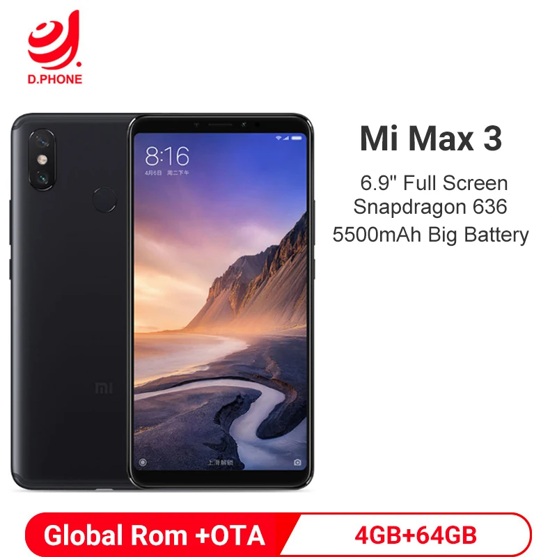  Global Rom Xiaomi Mi Max 3 4GB RAM 64GB ROM Mobile phone Snapdragon 636 Octa Core 5500mAh 12MP+5MP 