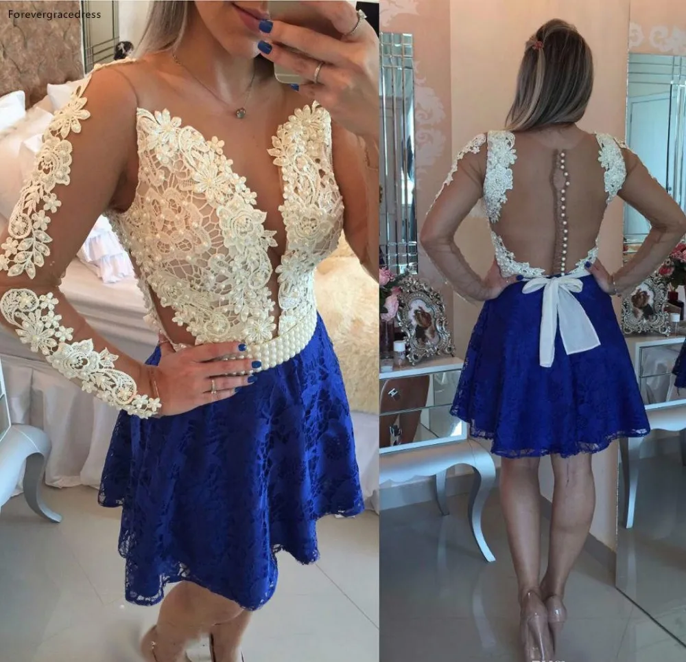 Lovely Ivory Royal Blue Lace Homecoming Dresses A Line Sheer Long Sleeves Appliques 2018 Mini Short Cocktail Dress Sheer Backless  105