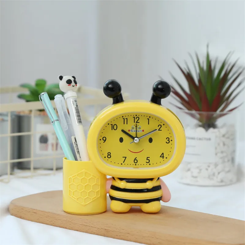 

Cute Cartoon Bee Pen Holder Multi-function Creative Fashion Student Bedroom Bedside Desktop Alarm Clock Office Mute Table Clock