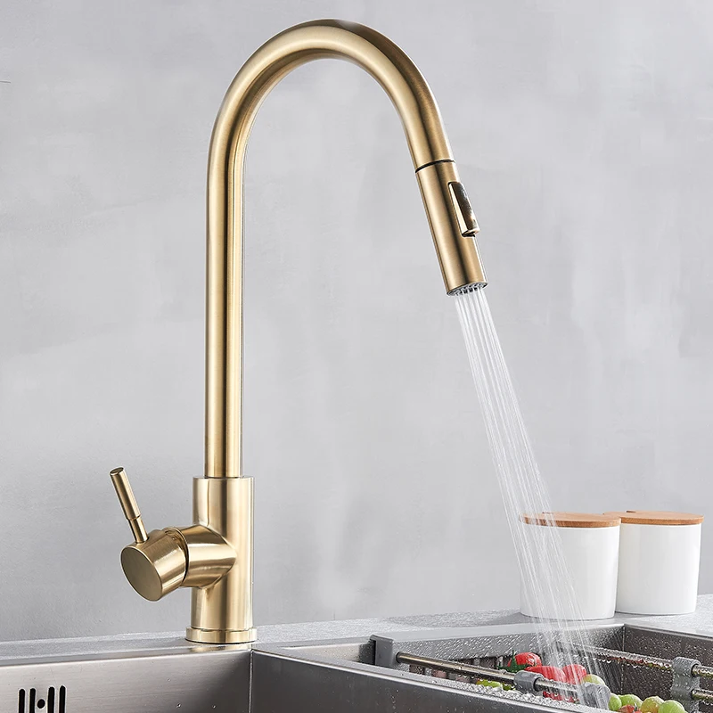 Smart Touch Kitchen Faucet Brushed Gold Poll Out Sensor Faucets