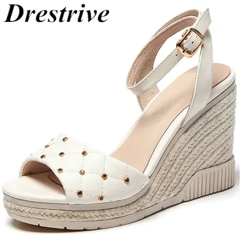 

Drestrive 2020 Summer Fashion Women Sandals Genuine Leather Wedges Buckle Platform Metal Female High Heel Shoes Cow Leather