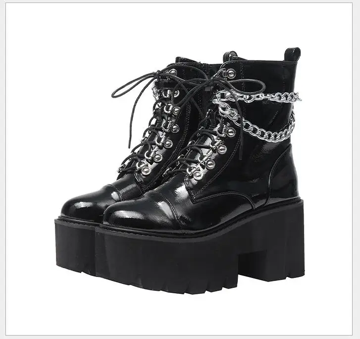 Fashion Chunky Classic Motorcycle Boots for Women Autumn Winter Black Fashion Round Toe Lace-up Black waterproof Boots Ladies