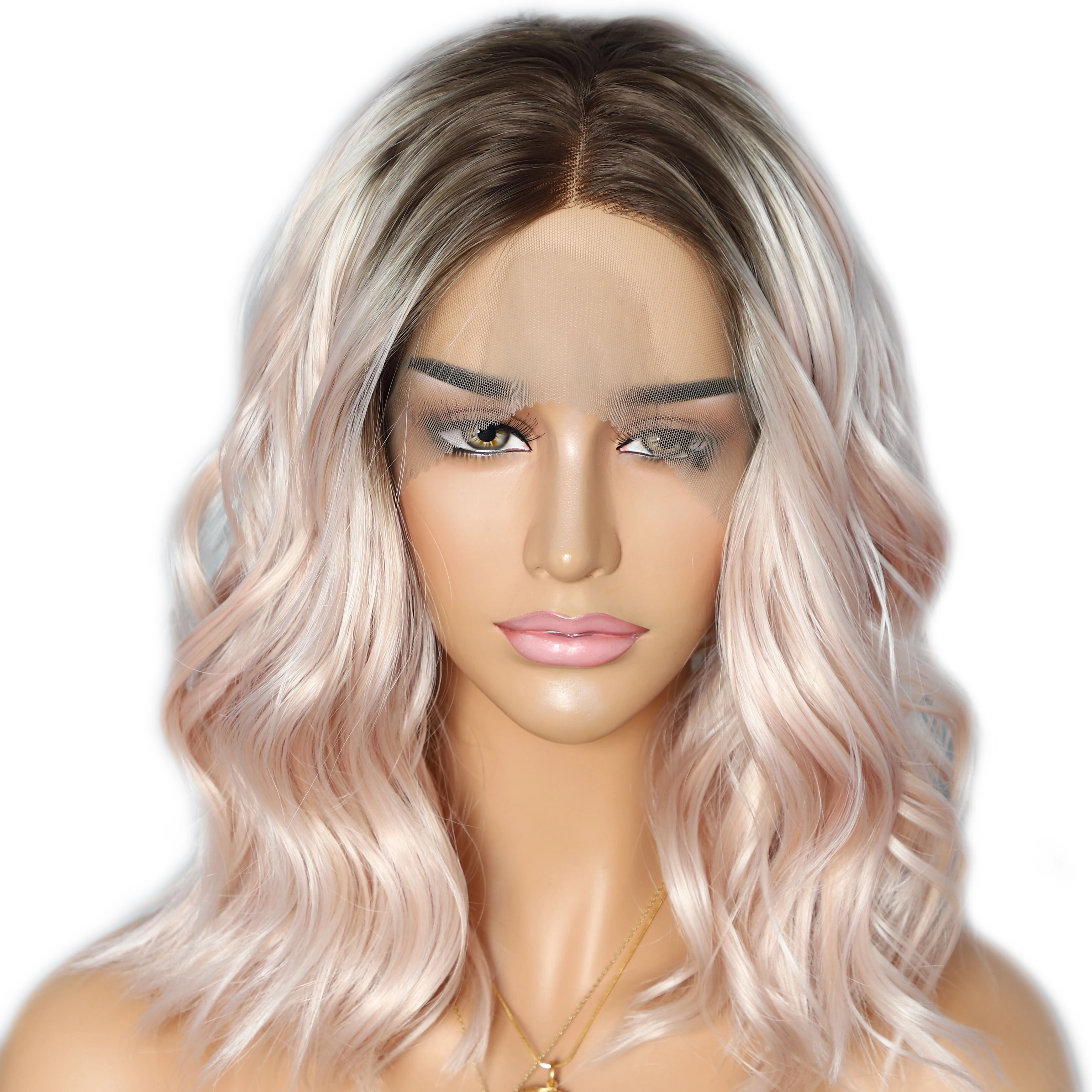 

Lvcheryl Short Synthetic Lace Front Dark Roots Natural Wave Wigs Peach Blonde Hair Wigs for Women Daily Wear