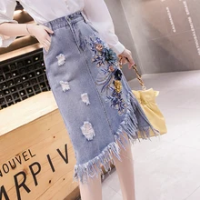 FMFSSOM, асимметричные, с кисточками, с цветочной вышивкой, расклешенные, женские джинсовые юбки, с разрезом, с дырками, для девушек, трапециевидные юбки с запахом