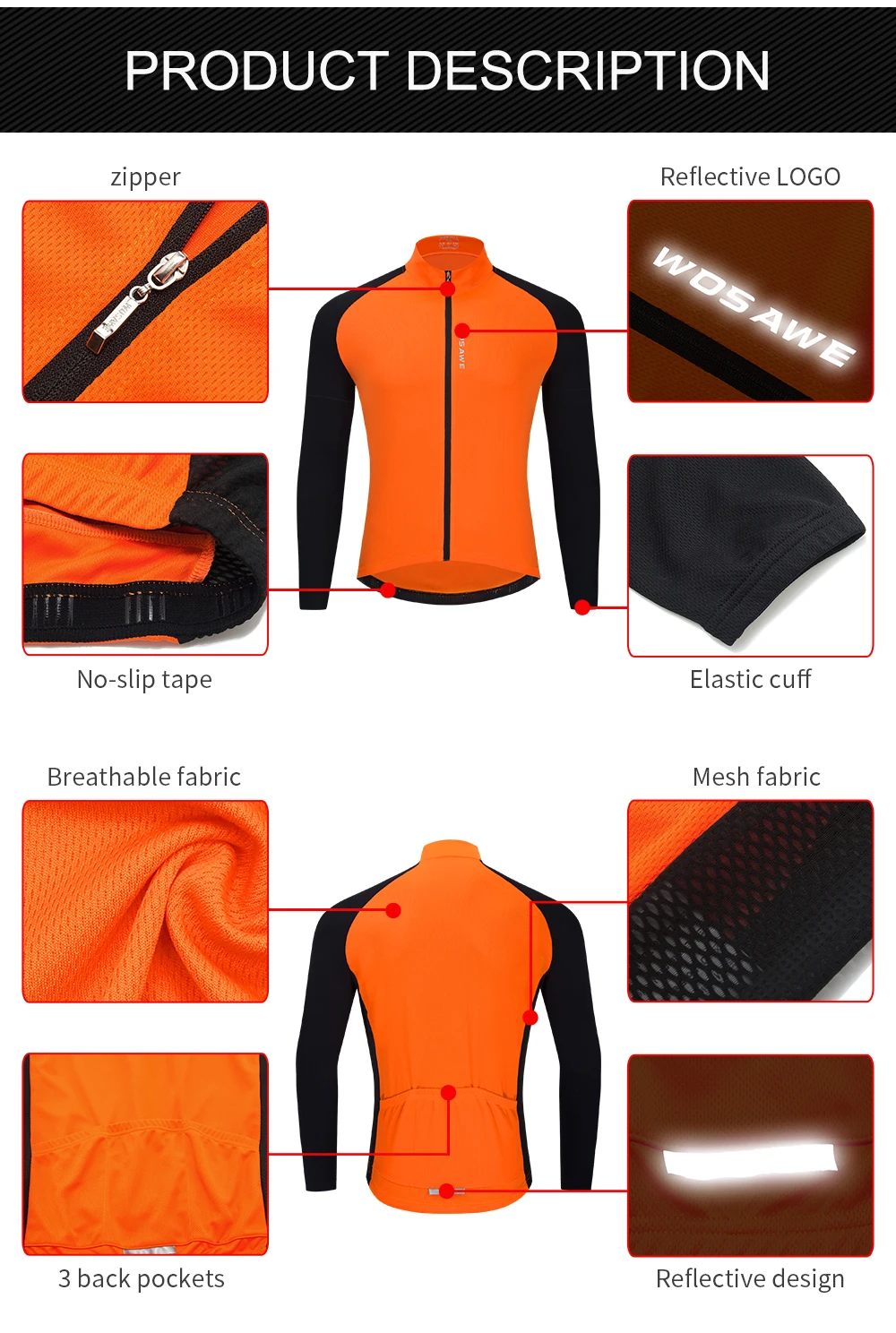 WOSAWE Breathable Cycling Jersey Qick Dry MTB Bike Bicycle Shirts Men's Top clothing ciclismo Long Sleeves Jersey Running Shirts