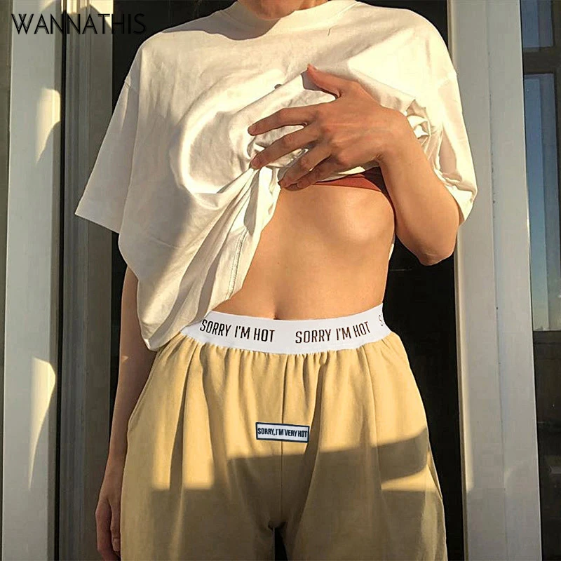 WannaThis Causal Elastic Hight Waist Women Sweatpants Cotton Solid Front Letter Embroidery Cargo Pants Loose Jogger Trouse soft WannaThis Causal Elastic Hight Waist Women Sweatpants Cotton Solid Front Letter Embroidery Cargo Pants Loose Jogger Trouse soft
