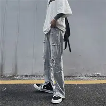 

High street style ripped jeans men plaid patch patchwork trousers 2021 autumn new American vintage hip-hop zipper slim trousers