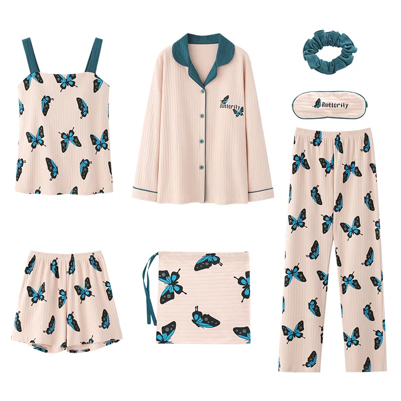 

XIFER Autumn Knitted Cotton Pajamas for Female Students Korean Youth Sunshine and Comfortable Home Service Seven-piece Suit