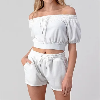 

Off Shoulder Women 2 Piece Sets Slash neck Crop Top and Shorts Suits Solid 2pcs Set Women Lounge Wear Suit Female Clothing Set