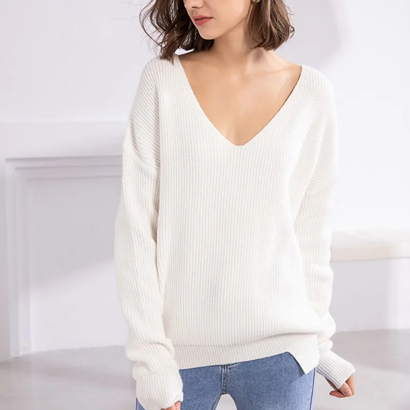 

Loose V-Neck Knitted Pullovers Women Irregularly Sweater Basic Knit Jumpers Tops 2020 Autumn Winter