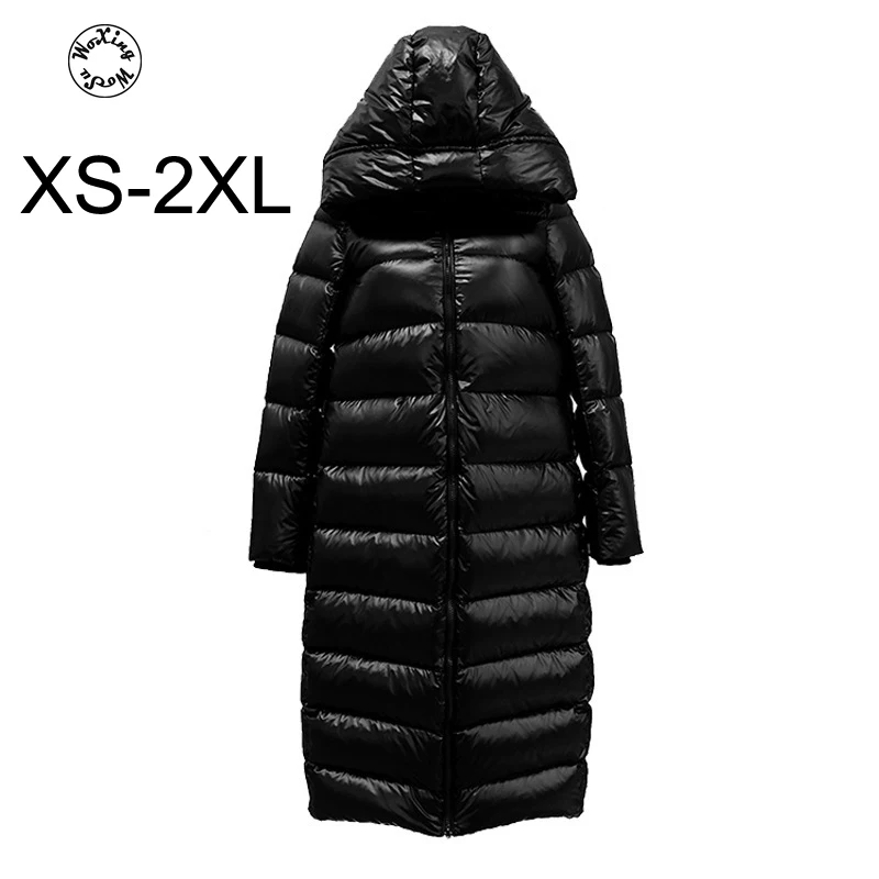 

Women's white duck down coat Cocoon type long knee-high down jacket bright face thick warm hooded down jacket