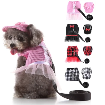

Dog Leash Vest Tulle Plaid Dog Dress Pet Outdoor Reflective Leash And Harness Vest Set pet rope Pet Hat D35