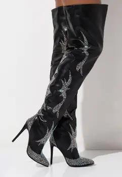 

Drop Ship Woman Fashion Black Rhinestone Drill Over The Knee Boots Lady Diamond Pointed Toe High Heel Thigh Boots Dance Shoes