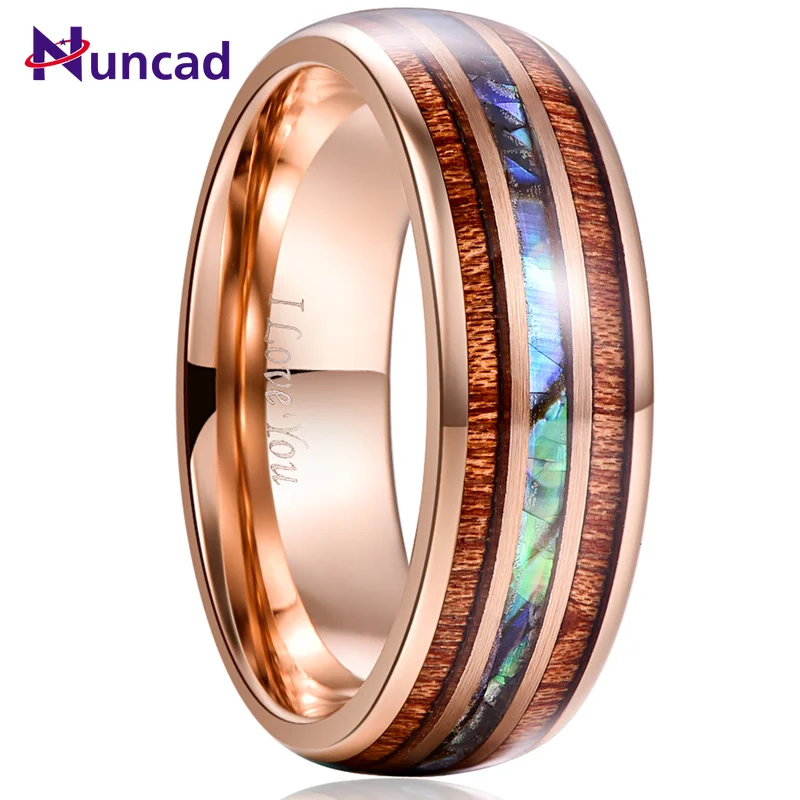 

Engagement Anniversary Gift 8MM Width 2.3MM Thick Plated Rose Gold Inlay Acacia + Abalone Shell Tungsten Steel Ring