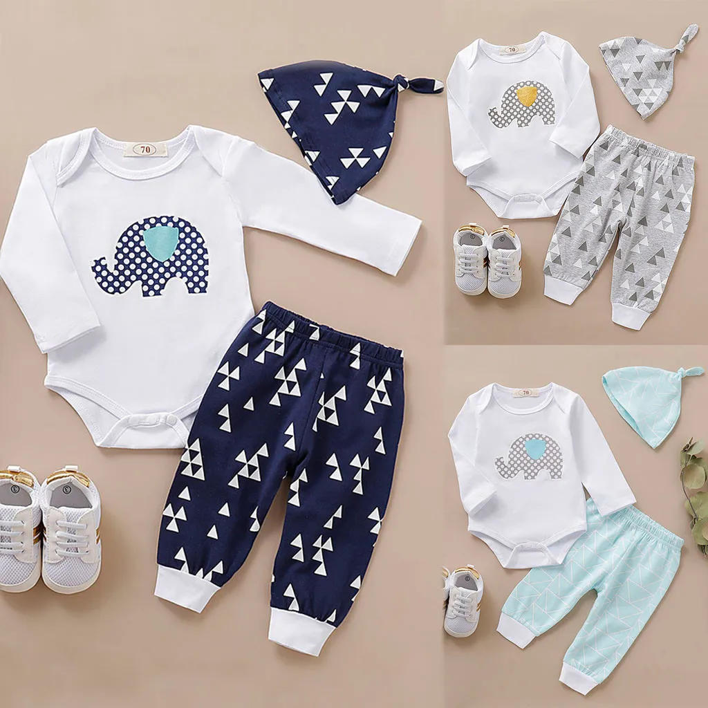 Комбинезон С Рисунком Слона для маленьких мальчиков и девочек, боди+ штаны+ шапка, комплекты Детский костюм высокого качества