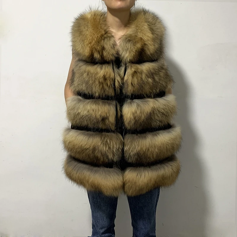 

rf0002 Real Fur Waistcoat Women Natural Raccoon Fur Vest Striped Full Pelt Fur Gilet Natural Yellow