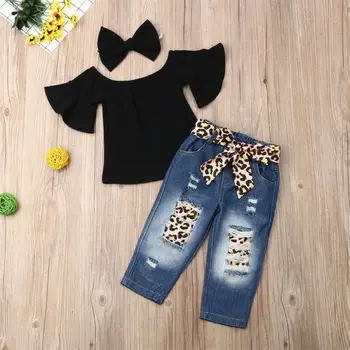 

Ruffle Top Denim Leopard Patchwork Pants Headnband For Toddler Kids Baby Girls Clothes 1-6T