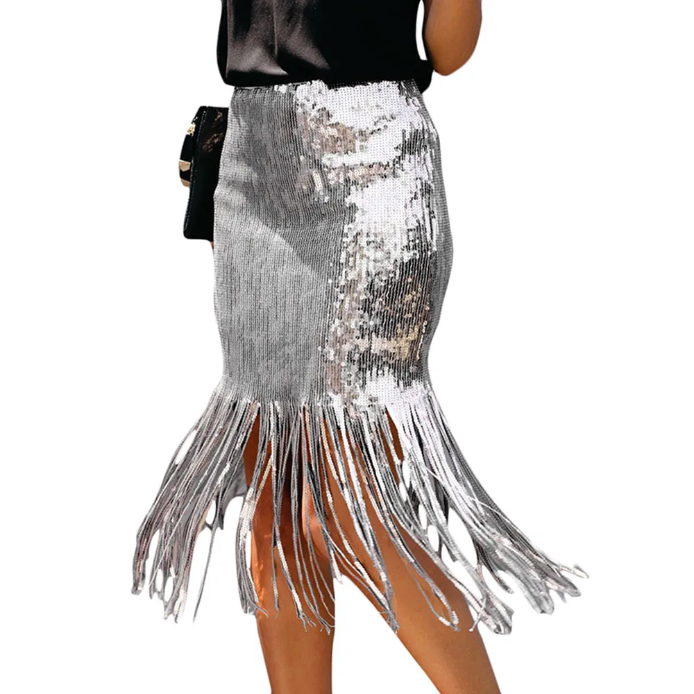 Silver Skirt SEBOWEL, высокая талия, с блестками, с кисточками, Облегающие юбки для женщин, вечерние, Клубные, женские, с бахромой, блестящая, Золотая/серебряная юбка, размер S-XXL - Цвет: Silver Skirt