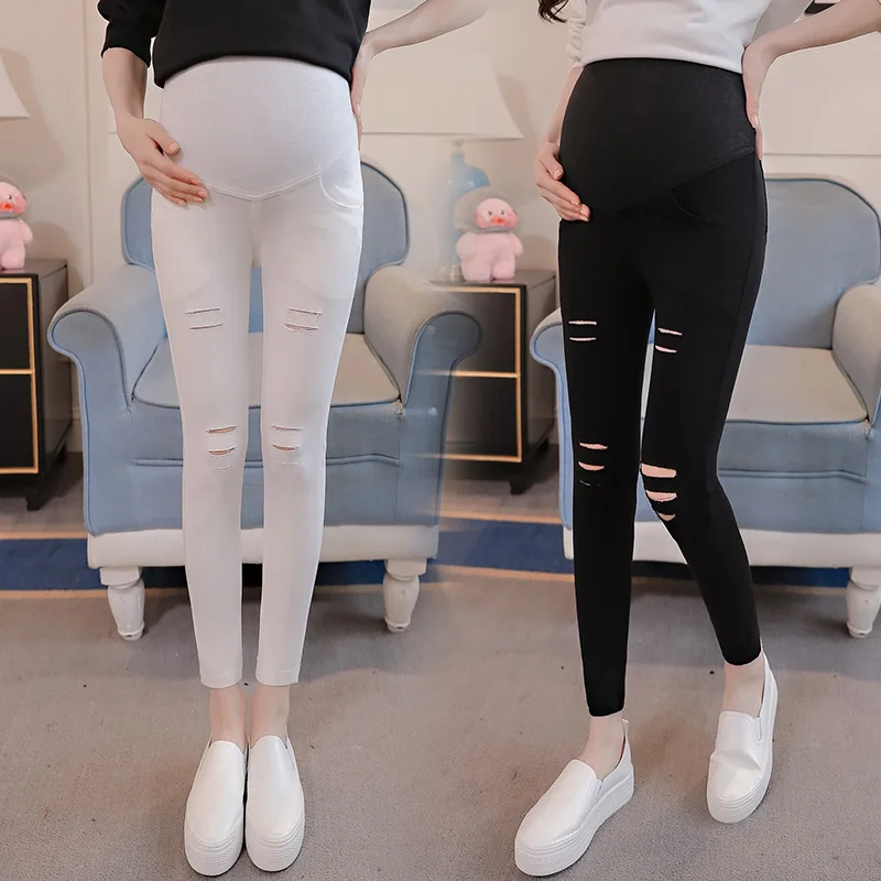 

2020 Spring Pregnant Women Capri Pants Pregnant Women Maternity Pants with Holes Skinny Pants Outer Wear Casual Maternity Clothe