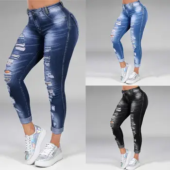 

Women Fashion Pants Ripped High Waist Trousers Skinny Denim Jeans Hollow Bleached Long Pants Plus Size 5XL For Female