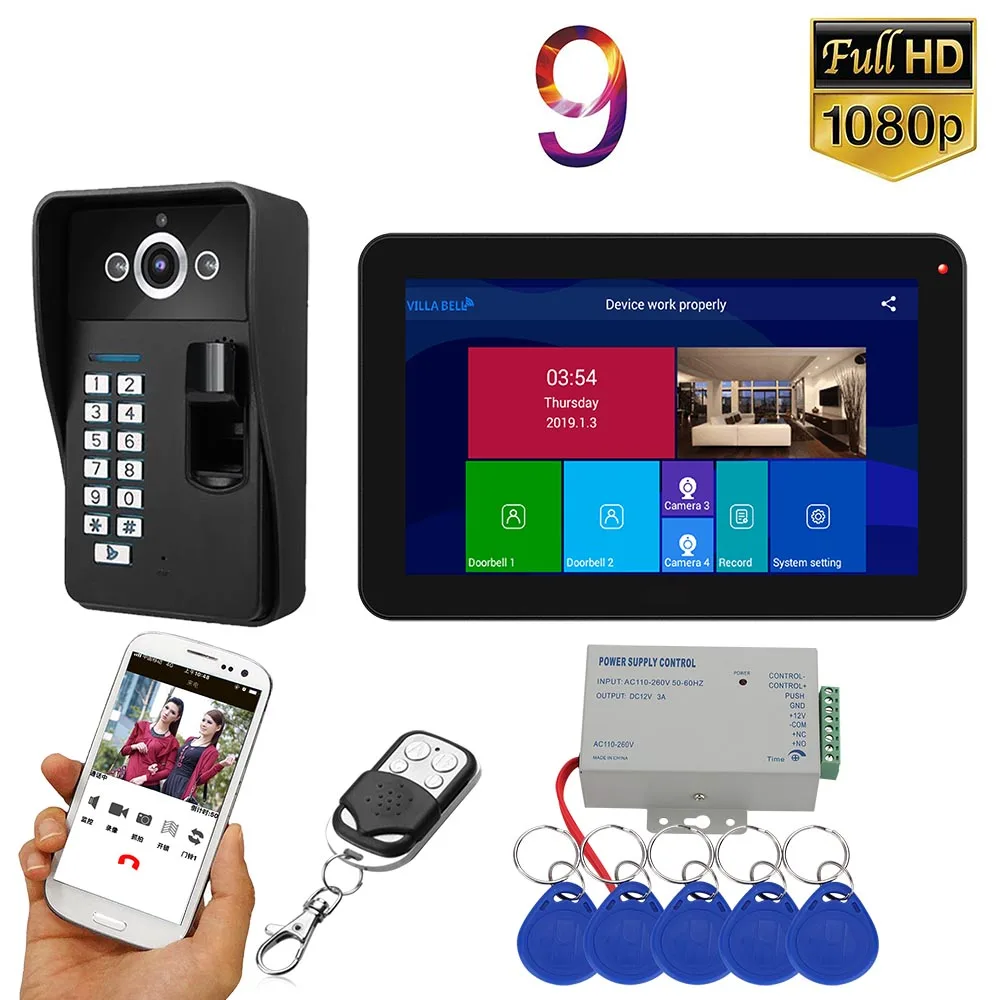 MOUNTAINONE 9 inch 2 Monitors Wifi Wireless Fingerprint RFID Video Door Phone Doorbell Intercom System with Wired 1080P camera