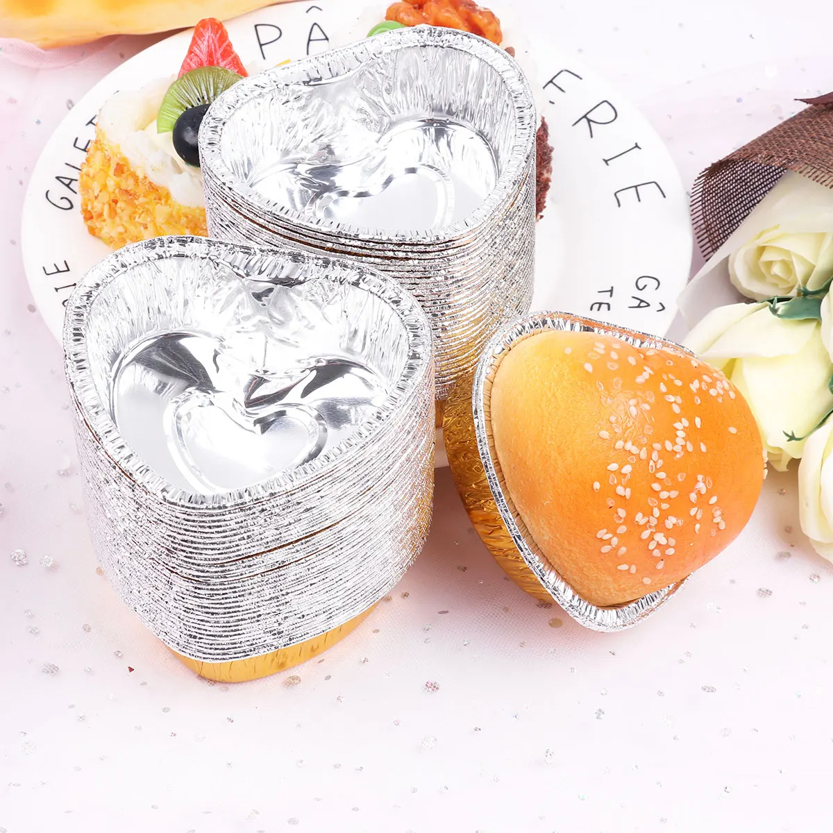 60 Aluminum Egg Tart Molds Heart Shape Foil Cups Baking Tools for Muffin Cupcake 