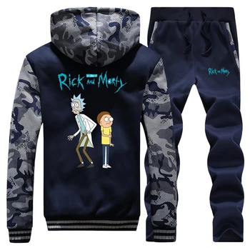 

Winter Hot Sale Camouflage Sweatshirts Rick And Morty Warm Fleece Hoodies Mens Coat Thick Jackets Warm Suit +2 Piece Set Pants
