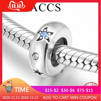 

Genuine 925 Sterling Silver Star flower Blue Zircon Stopper Spacer Beads fit Original European Charm Bracelets Fine Jewelry DIY