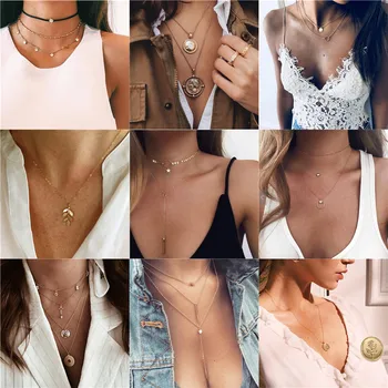 

LETAPI Star Moon Pendant Necklace Boho Geometric Crystal Layered Necklaces for Women Girl Sequins Collar Choker Jewelry