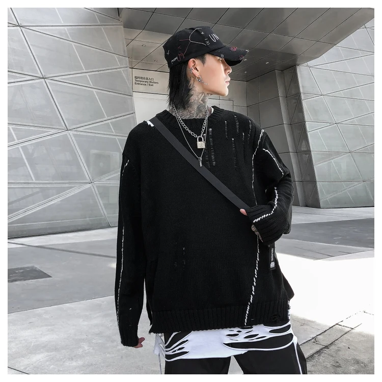 personality dark style hollow sweater men casual irregular split hole mens sweaters harajuku pullover men hip hop loose jumper