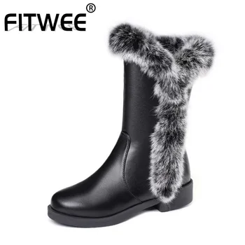 

FITWEE Plus Size 34-48 Women Winter Snow Boots Flats Round Toe Keep Warm Fur Shoes Woman Zipper Daily Mid Calf Botas Footwear