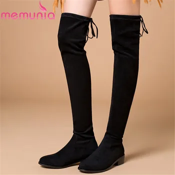 

MEMUNIA 2020 new arrival thigh high boots women flock round toe lace up autumn winter stretch boots slim party shoes woman
