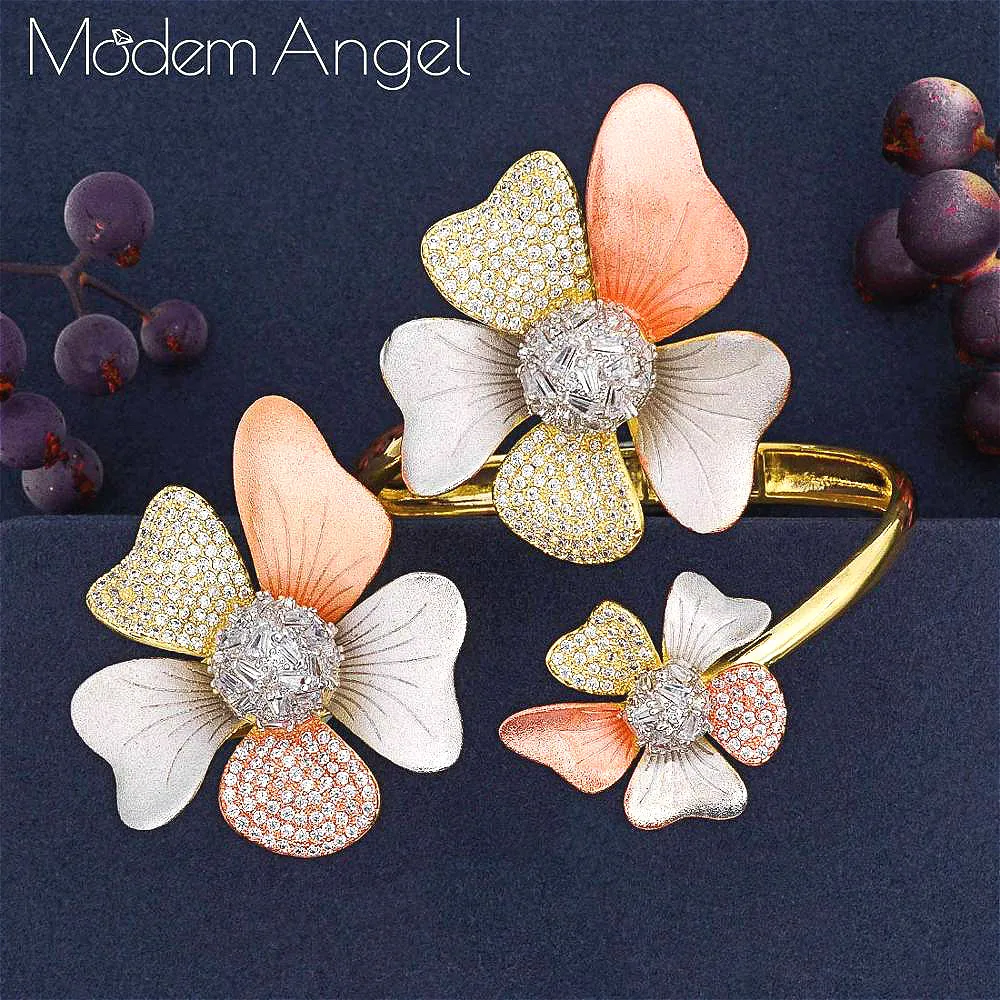 ModemAngel, роскошный цветок, 2 шт., набор колец, кубический циркон, Ювелирные наборы для женщин, свадебные, триколор, африканские, Дубай, свадебные ювелирные изделия