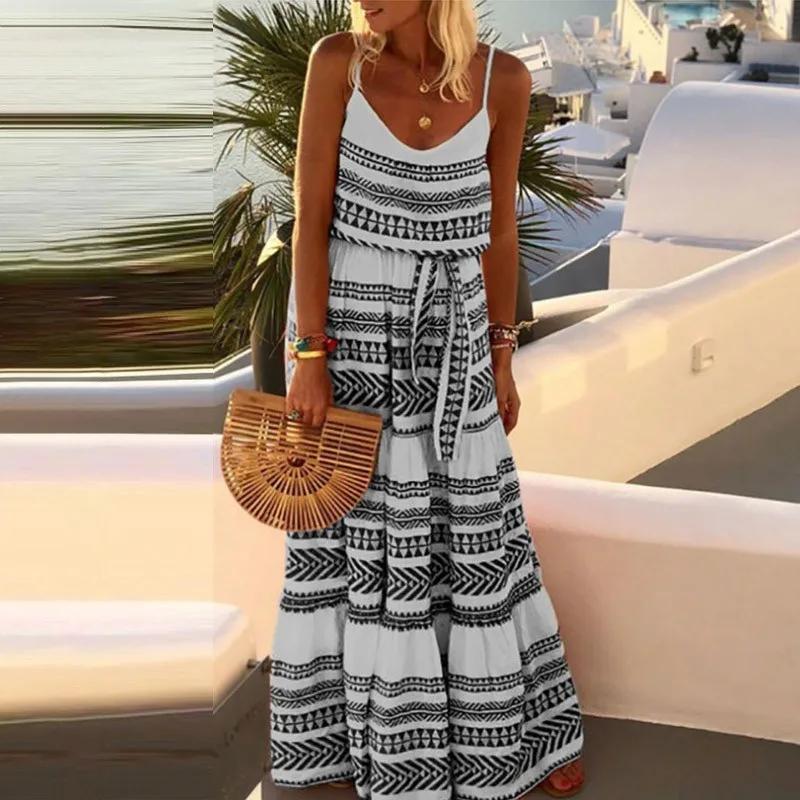Boho Summer Dress Women 2021 Striped Spaghetti Strap Backless Maxi Dresses V-Neck Big Hem Flowy Evening Party Vestidos | Женская одежда