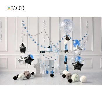 

Laeacco Chic Wall Blue Black Balloons Paper Flowers 1st Birthday Photography Backgrounds Baby Portrait Party Photo Backgrounds