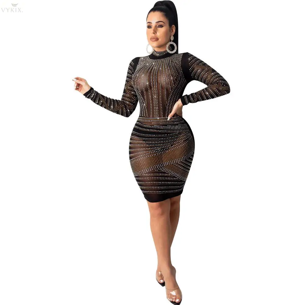 Womens Dress Long Sleeve Mesh Dress See Through Dress Mini Dress Hot Drilling Sexy Dress Night Bodycon Dress Women Party Dresses