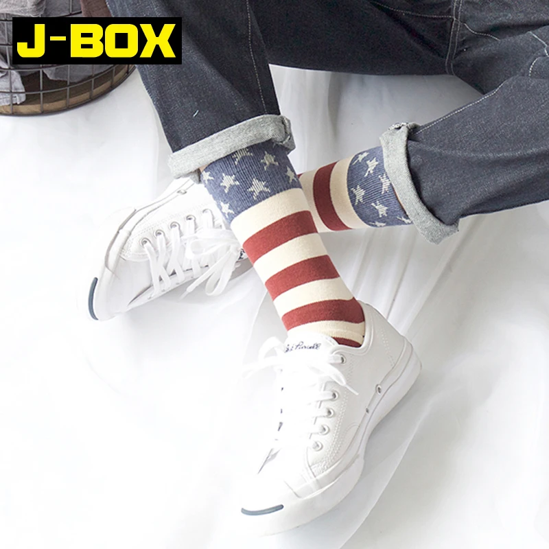J-BOX 4 Pairs/Lot Men Cotton Socks Brand Quality Men Happy Socks Funny Star Pattern Sock Fashion Long Sox for Men Christmas Gift