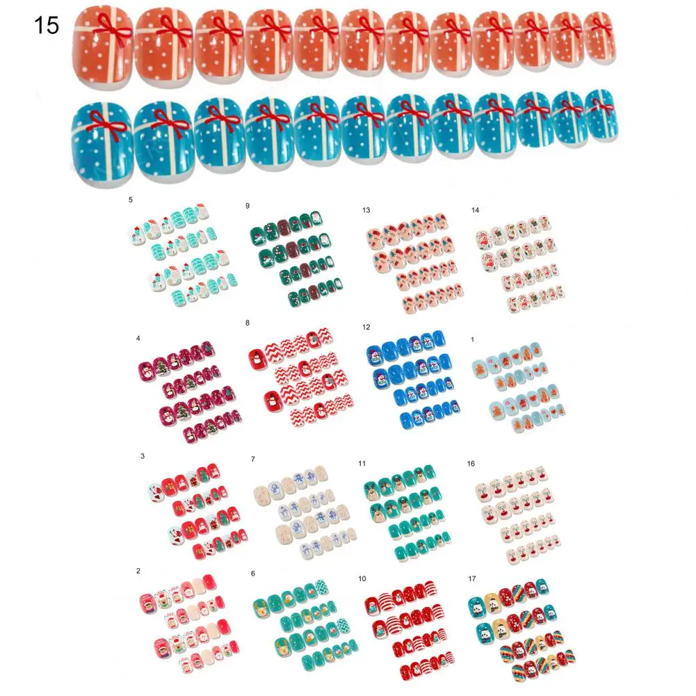 24Pcs/Set Christmas Style Kid Nail Tip Self-Adhesive Colorful DIY Full Cover False Nails Art Press On Tips for Gift 6