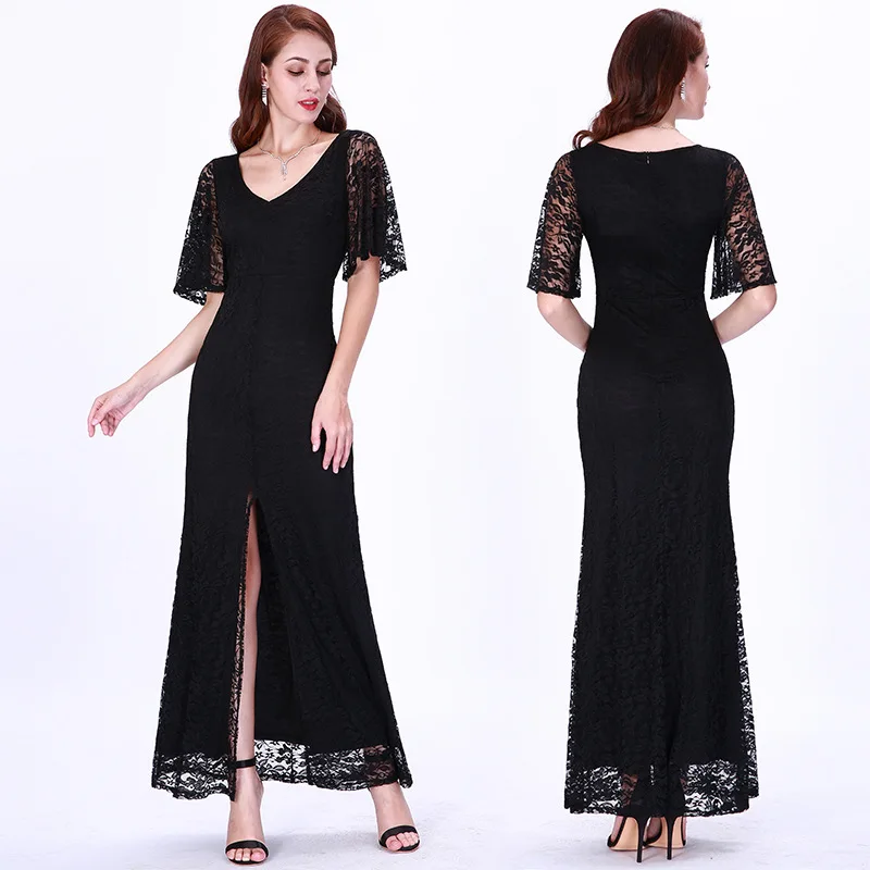 

BacklakeGirls Black V Neck Lace Cut Out Short Sleeves Split Joint Elegant Evening Dresses Ankle Length Damen Abend Kleider 2019