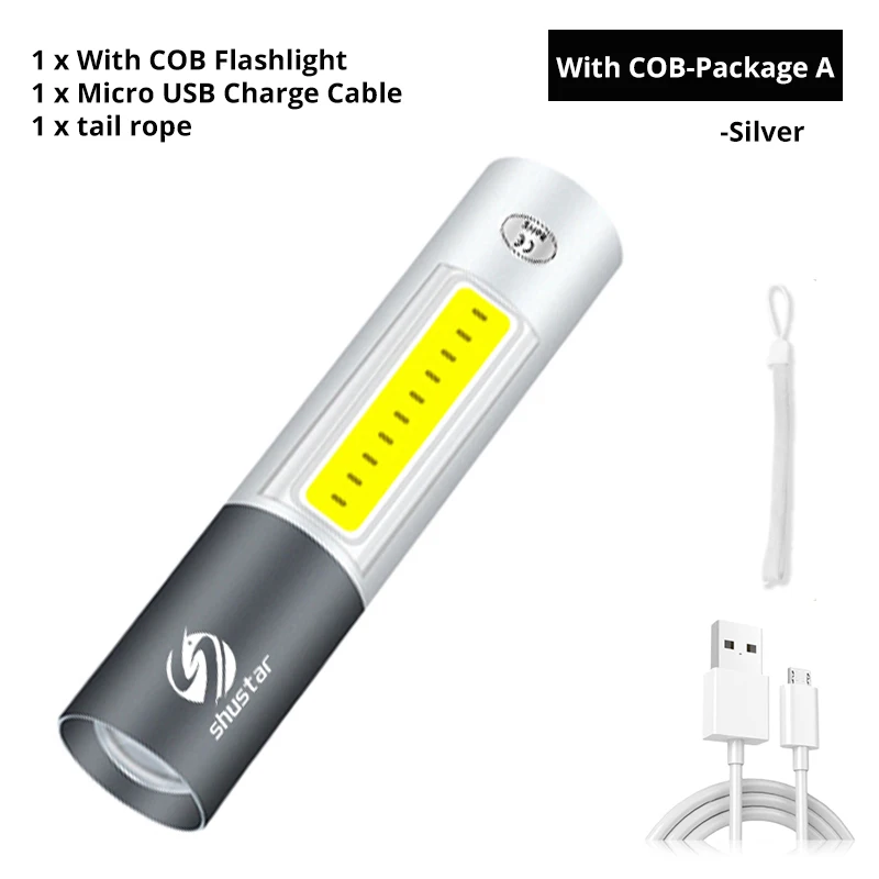 COB-Package A-Silver Перезаряжаемый USB мини светодиодный фонарик 3 режима освещения водонепроницаемый фонарь телескопический зум стильный портативный костюм для ночного освещения - Испускаемый цвет: COB-Package A-Silver