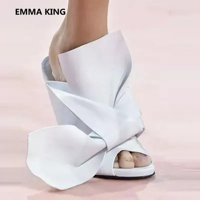 Emma king/; Роскошные Дизайнерские вечерние и свадебные тапочки с бантом; женские босоножки на высоком каблуке из шелкового атласа; женская модная обувь без задника - Цвет: white