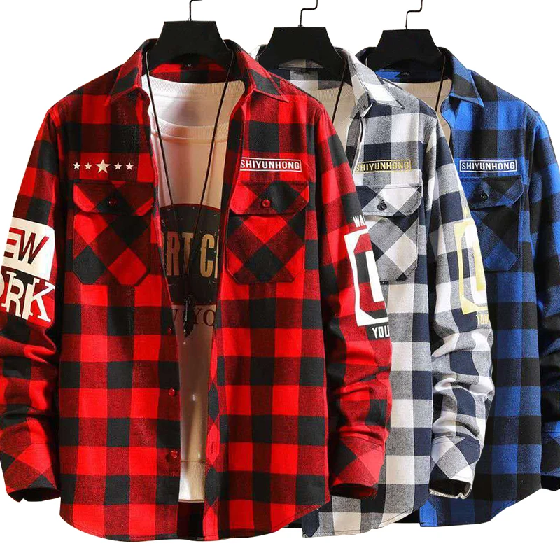 Men Casual Shirt Men Streetwear Shirts Harajuku Color Block Plaid Shirt Long Sleeve Male Vintage Korean Fashions Clothes cotton shirt,denim shirt,long sleeve shirt,men casual shirt,flannel shirt