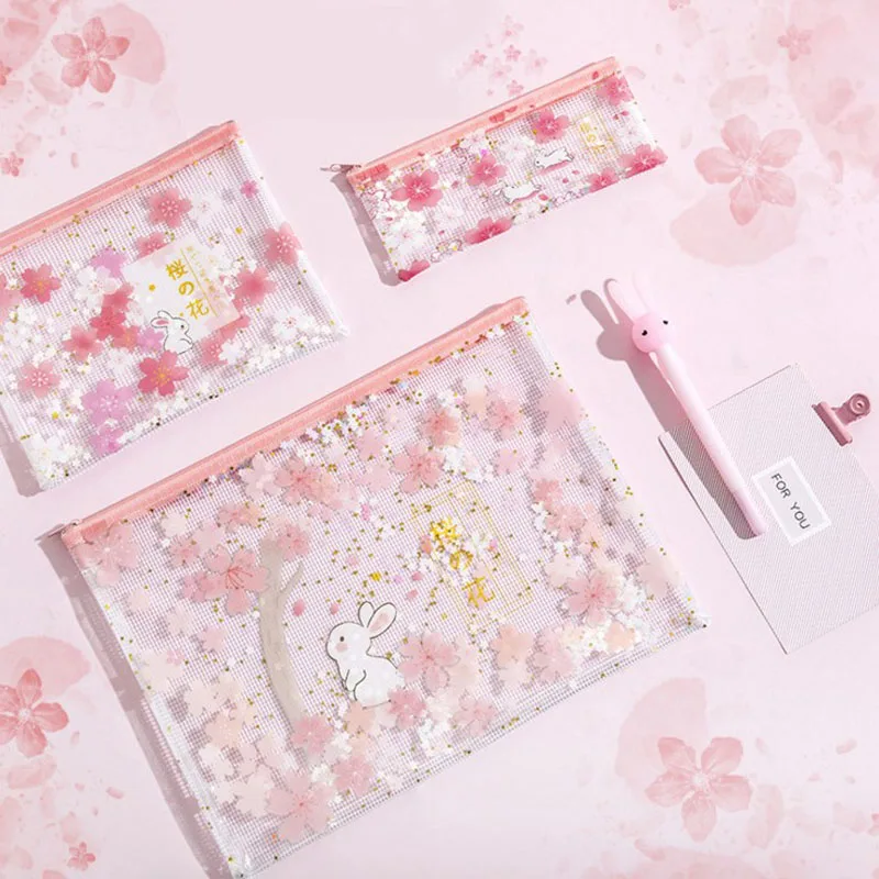 

1 Set Kawaii Rabbits Under Cherry Trees Sequins Transparent A4 A5 B6 File Folder Document Filing Bag Stationery Bag