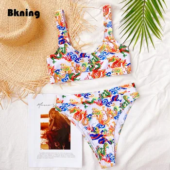 

Bandeau Bikini Set for Women Dragon Print Swimwear 2 Piece Wide Strappy Floarl Printed Swimsuit Women's Swimming Suit for Lady