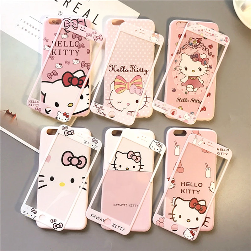 

360 Full Cute Cartoon Kitty Cat Soft Back Cover For iPhone XR Caase XS Max X 8 7 6 6s Plus Phone Case+Tempered Glass Front Film