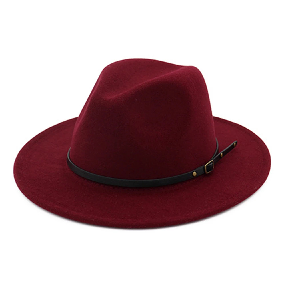 wine red Унисекс с широкими полями пояса шляпа с пряжкой Винтаж фетр Outback Панамы шляпы NIN668 - Цвет: wine red