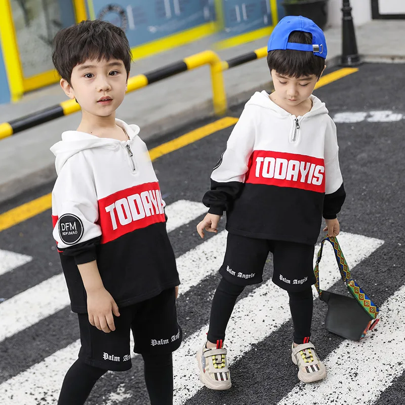 

BOY'S Spring Sports Set 2019 New Style Children Hoodie Mock Two-Piece ku bao bao Hip Hop Two-Piece Set