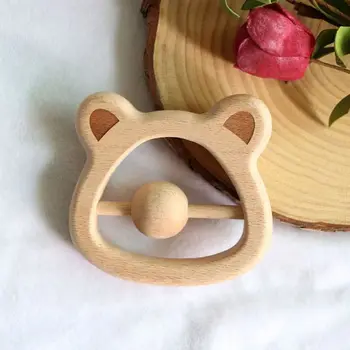 

Baby Teething Wood Rattle Cartoon Bear Head Chewing Teether Newborn Nursing Toy GXMB