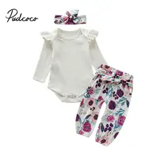 Детский топ с оборками и цветочным принтом для маленьких девочек, штаны с бантом повязка на голову, комплект одежды из 3 предметов Одежда для девочек Одежда для новорожденных от 0 до 24 месяцев